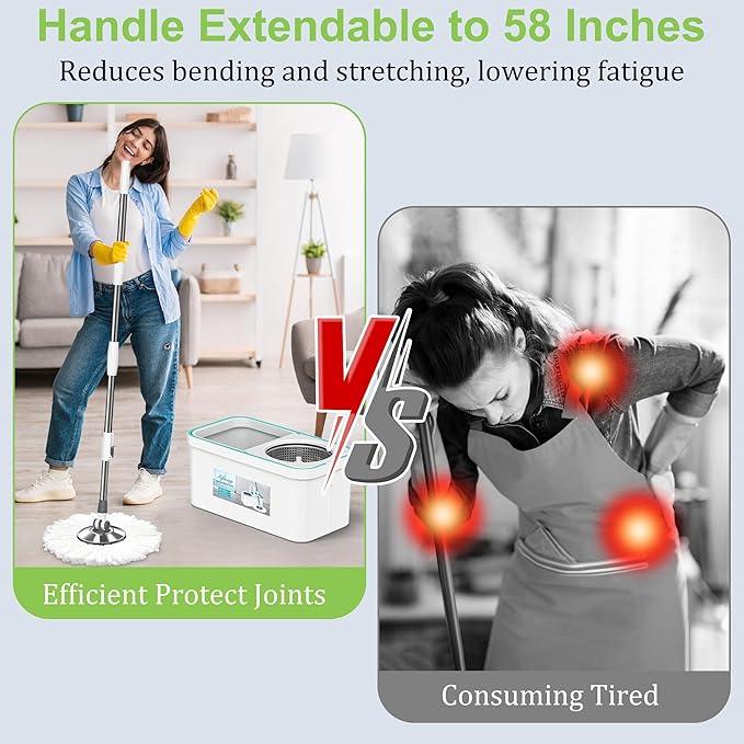 Spin Mop and Bucket Set with Wringer and 6 Extra Microfiber Heads for Floor Cleaning 61" Extended Handle 5-GAL Heavy-Duty Design for Hardwood Tile Laminate Home Cleaning Tools - NeatNest