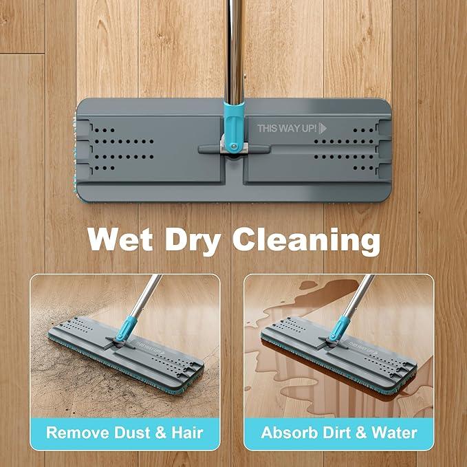 JOYMOOP Mop and Bucket Set with Wringer, with 5 Reusable Microfiber Mop Pads, Mops for Floor Cleaning and Wall Cleaning, Hands-Free Flat Mop for Home Use - Grey+Cyan Blue - NeatNest