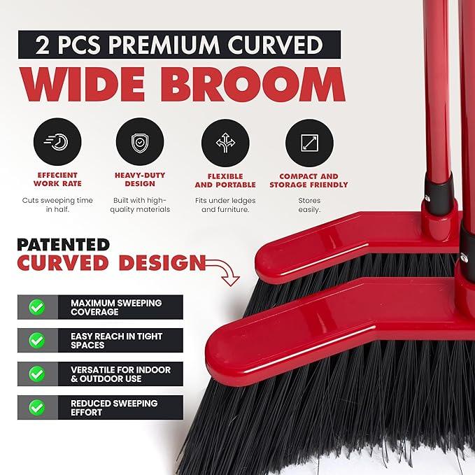 Da Vinci Curved Angle Broom & Dustpan Combo Pack (2) - Heavy Duty Broom for Indoor/Outdoor Sweeping, Steel Telescopic Handle, Durable PVC Bristles, Ideal for Pet Hair, Dust, Kitchen & Rough Surfaces - NeatNest