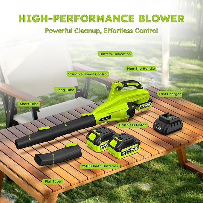Leaf Blower Cordless with 2 * 4.0ah Battery and Fast Charger,KJBAO 21V Brushless Battery Powered Blower,Electric Blowers with 650CFM&6 Speeds,Lightweight Blower for Lawn Care,Car, Yard, Patio - NeatNest