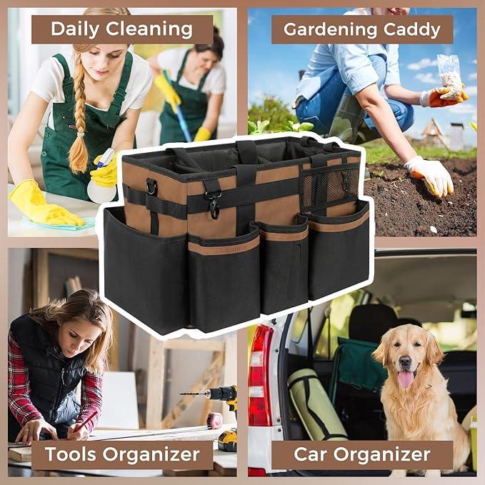 Wearable Cleaning Caddy, Cleaning Caddy Supplies Organizer with Handle & Shoulder Straps for Housekeepers, Under Sink & Car Cleaning Tool Organizers Bag with 4 Foldable Divider (Brown) - NeatNest