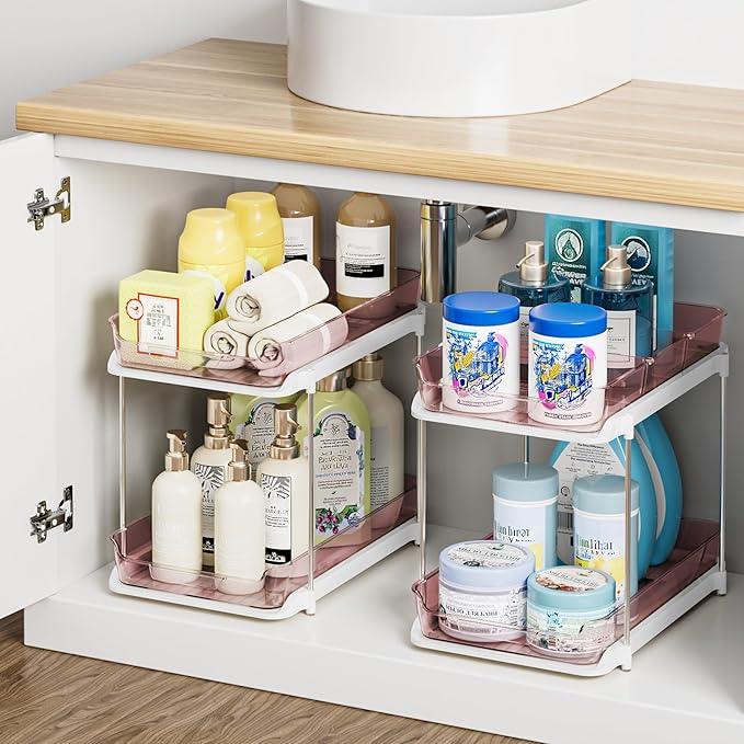 Delamu 2-Tier Multi-Purpose Bathroom Under Sink Organizers and Storage, Stackable Kitchen Pantry Organization, Pull Out Medicine Cabinet Organizer with Movable Dividers, Light Pink, 2 Pack - NeatNest