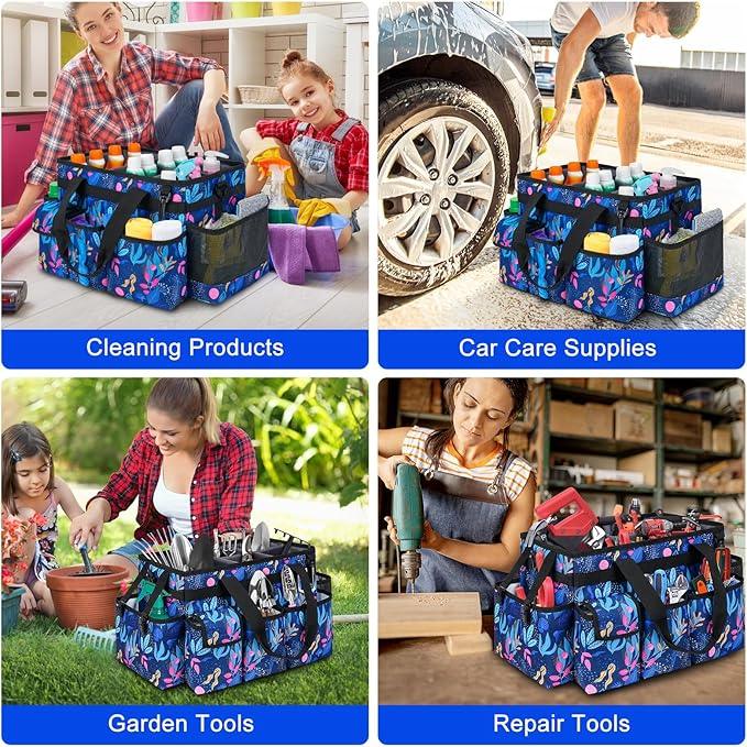 Cleaning Organizer, Large Caddy Bag for Supplies, Housekeeper's Bag with Handle (Blue Leaf) - NeatNest