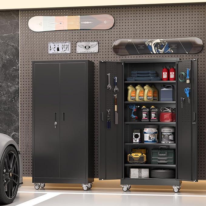 SUXXAN Garage Storage Cabinet with Wheels Pegboard and 5 Adjustable Shelves, 71'' x 32'' x 16''Metal Lockable Cabinet with Magnetic Doors,Tool Storage,Home Office Garage,Gym,School (Black) - NeatNest