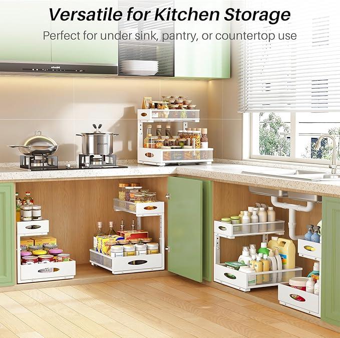 Under Sink Organizer, 2-Pack Pull Out Cabinet Organizer 2 Tier Metal Slide Out Storage Shelf Rack, L-Shaped Adjustable Height,Mesh Sliding Drawer for Kitchen, Bathroom, Laundry, Pantry, White, XL - NeatNest