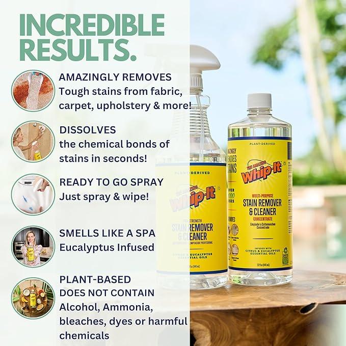 Whip-It Stain Remover and Concentrate Kit, 2-32oz Concentrates & 1-32 OZ Pro Spray Stain Remover, Makes 64 Bottles, Removes Coffee, Wine, Baby Stains, Pet Stains, Plant Based, Enzyme Cleaner, 500 Uses - NeatNest