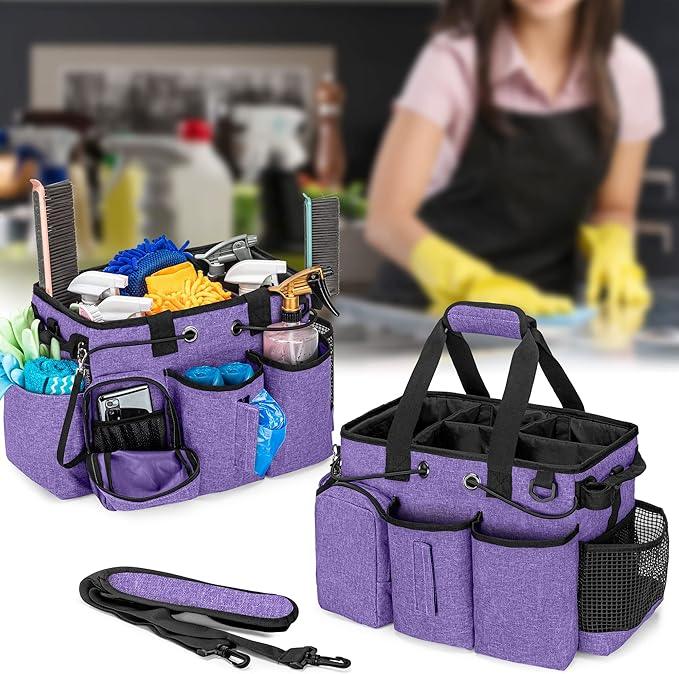 LoDrid Large Professional Cleaning Caddy with Detachable Divider, Supply Organizer with Handle and Shoulder Strap, Cleaning Bags for Housekeepers & Cleaners, Purple - NeatNest
