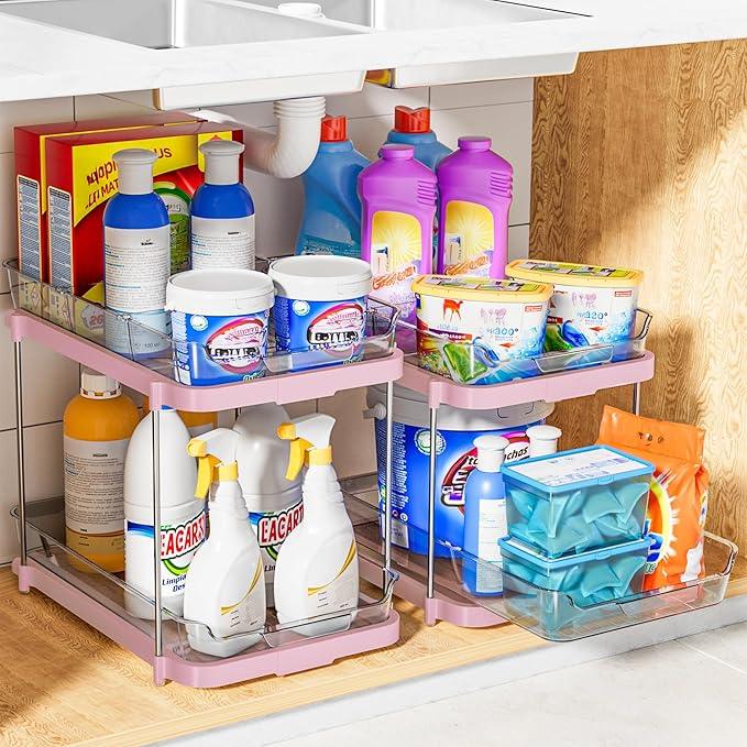 Delamu 2-Tier Multi-Purpose Bathroom Under Sink Organizers and Storage, Stackable Kitchen Pantry Organization, Pull Out Medicine Cabinet Organizer with Movable Dividers, Pink, 2 Pack - NeatNest
