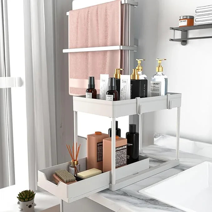 2 Pack Under Sink Organizer, 2 Tier Bathroom Cabinet Organizer with Sliding Basket, Multi-Purpose Under Sink Organizers and Storage for Bathroom Kitchen (White 2 Pack) - NeatNest