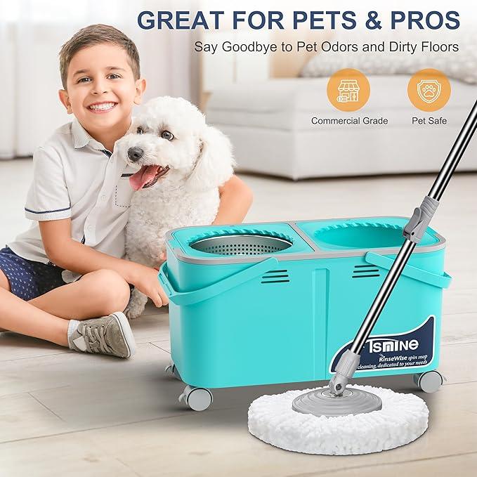 Gen 2 Smart Mop Bucket – 2025 with Wringer on Wheels,Clean & Dirty Water Separation,Spin Mop and Bucket with 6 Reusable Mop Heads, 360° Swivel Wheels for Home Cleaning-Blue - NeatNest
