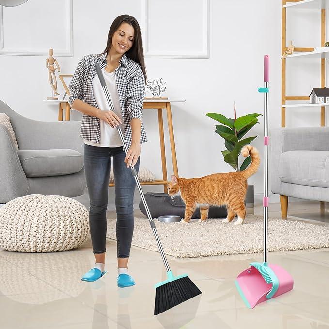 NACENA Broom and Dustpan Set, 52-in Long Adjustable Handle Broom Dustpan Combo with Dustpan Teeth to Automatically Clean Hair Suitable for Home Kitchen Office Hall Floor (Pink&Blue), 4 Pack - NeatNest