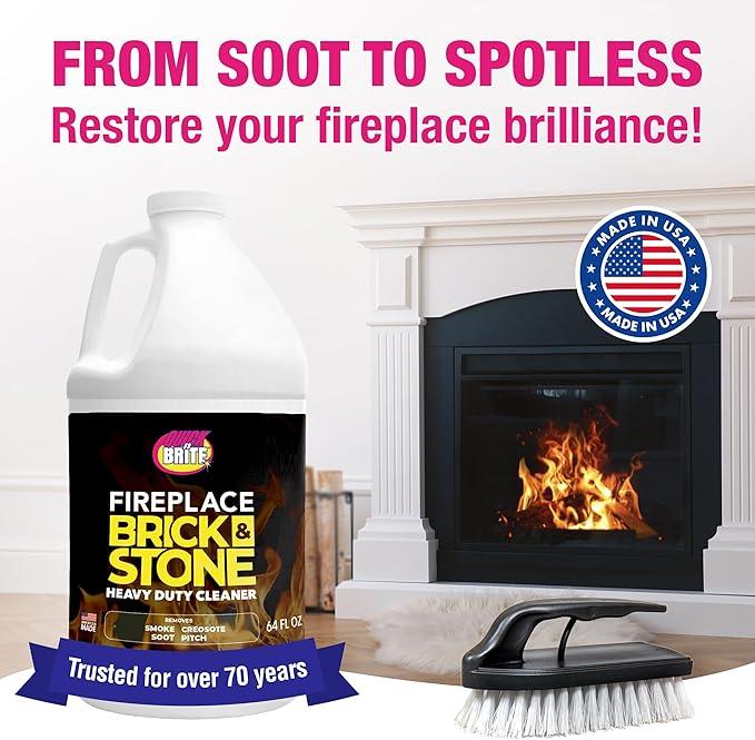 Quick 'n Brite Fireplace Brick and Stone Cleaner 64oz - Natural Stone, Tile, and Marble Cleaner with Scrub Brush - Indoor Fireplace and Wood Stove Cleaning Kit - Pellet Stove Creosote Remover - NeatNest