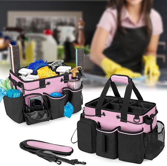 LoDrid Large Professional Cleaning Caddy with Detachable Divider, Supply Organizer with Handle and Shoulder Strap, Cleaning Bags for Housekeepers & Cleaners, Pink - NeatNest