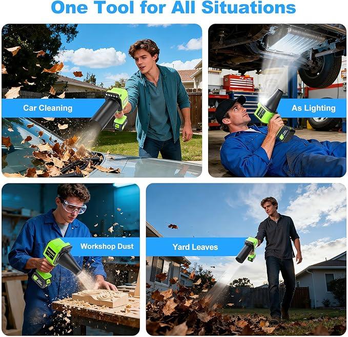 DEGGE Brushless Leaf Blower Cordless, Handheld Leaf Blowers with LED Work Light, Two Interchangeable Nozzles, Turbo Jet Blower for Lawn Care, Patio Cleaning, Garage Dust & Outdoor Use - NeatNest