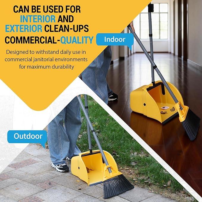 Commercial Broom and Dustpan Set, Jumbo Lobby Debris Dustpan (14inch*14inch), Heavy Duty Broom (14inch Width),for Indoor and Outdoor Cleaning,2 Sets, Yellow - NeatNest