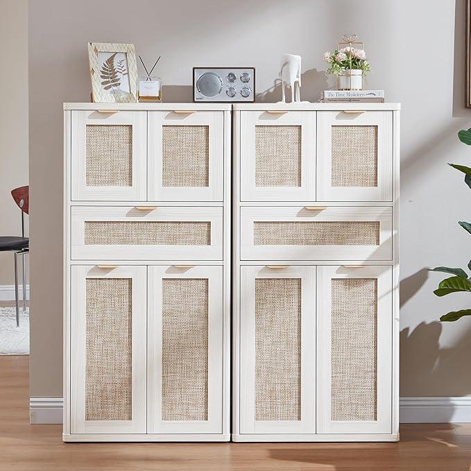 LEYAOYAO 48" Tall Storage Cabinet Set of 2,Rattan Bathroom Floor Cabinets with 2 Doors & 1Drawer,Boho Kitchen Pantry with Adjustable Shelves,Wooden Cupboard for Living Room,Home Office,White Cream Oak - NeatNest