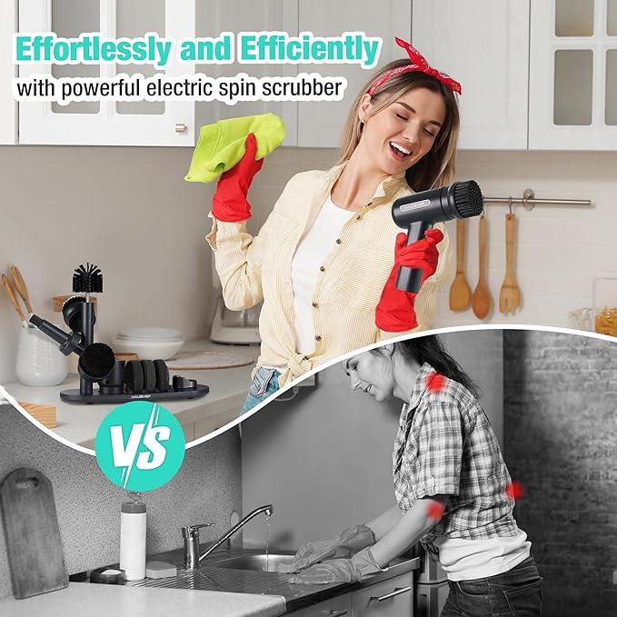 HAUSHOF Electric Spin Scrubber, Cordless Dish Scrubber Brush with 8 Replaceable Heads & 3 Speeds, Power Scrubber Electric Scrubber for Cleaning Kitchen, Sink, Bathroom, Knife Sharpener Included - NeatNest