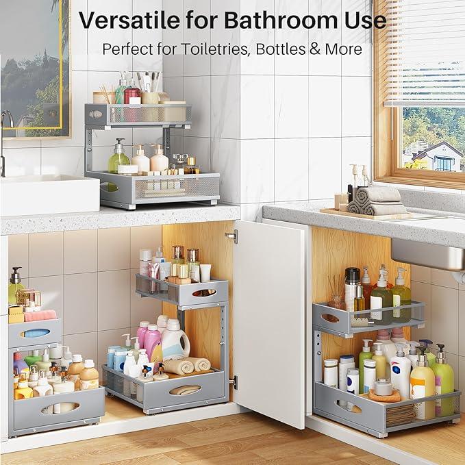 Under Sink Organizer, 2 Tier Pull Out Under Cabinet Organizer Shelf with Pad for Framed Cabinets, Metal Slide Out Under Sink Storage, Mesh Sliding Drawers for Kitchen Bathroom Laundry(Grey, 1 Pack) - NeatNest