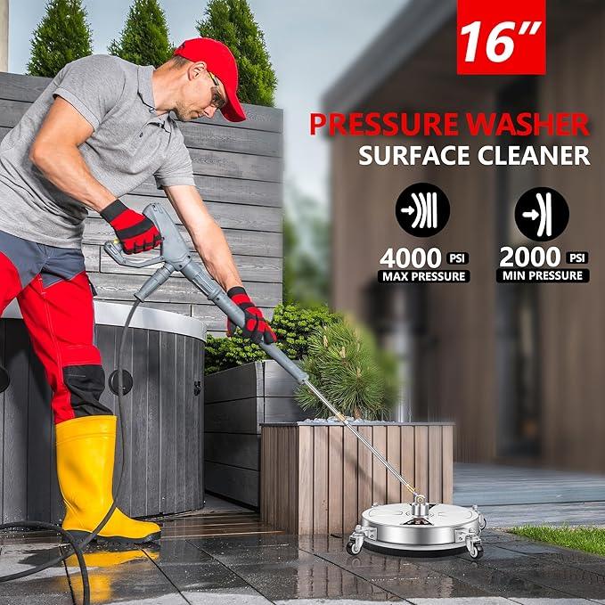 16" Pressure Washer Surface Cleaner Pro with 4 Wheels, Stainless Steel 2 Extension Wands, Power Washer Surface Cleaner Hot Water Supported for Patio Decker Concrete Driveway, 3000 PSI - NeatNest