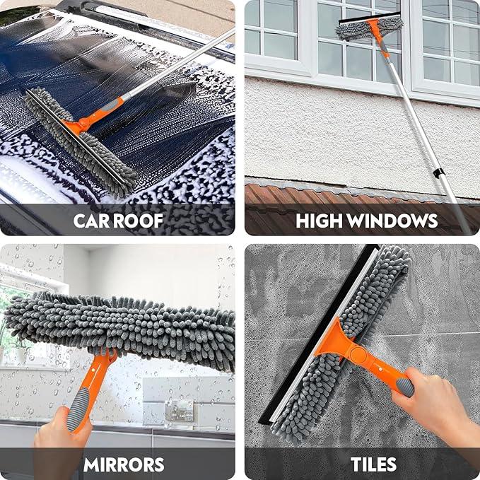 20 Ft High Reach Window Squeegee with 5-12Ft Extra-Thick Aluminum Telescopic Extension Pole| 14" Extra-Large 2-in-1 Window Cleaner Tool| Window Washer for Indoor/Outdoor Window,RV,Truck Glass - NeatNest