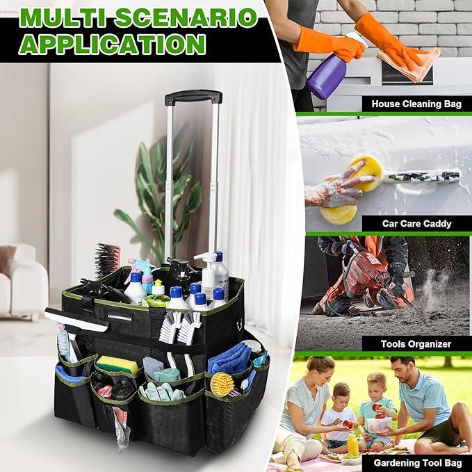 Large Rolling Cleaning Caddy Bag, Cleaning Caddy with Wheels with Detachable Trolley for Housekeepers, Water Resistant Cleaner Supplies Organizer with Wheels for Kitchen, Car, Picnic(Black-Green) - NeatNest