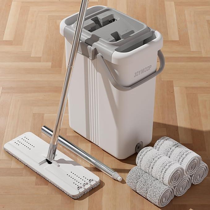 JOYMOOP Mop and Bucket with Wringer Set, Flat Squeeze Mop with Bucket (X-Large), Dust Mop for Wall Cleaner with Long Handle, Microfiber Mop - White Bucket with 5 Reusable 15" Pads - NeatNest