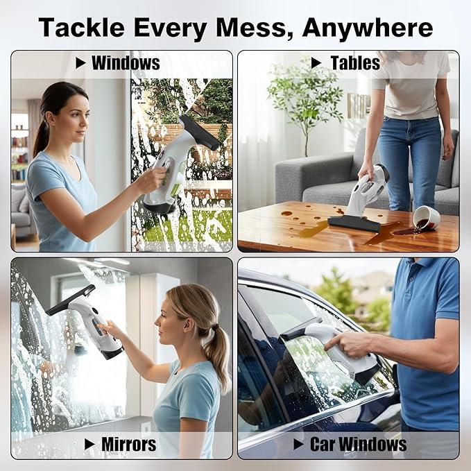 Window Vacuum Squeegee Cordless, 2000Pa Electric Window Cleaner Tool with 2200mAh & 150ml Water Collection Tank, Window Cleaning Kit Shower Squeegee for Glass Doors, Windows, Mirrors, Car (White) - NeatNest