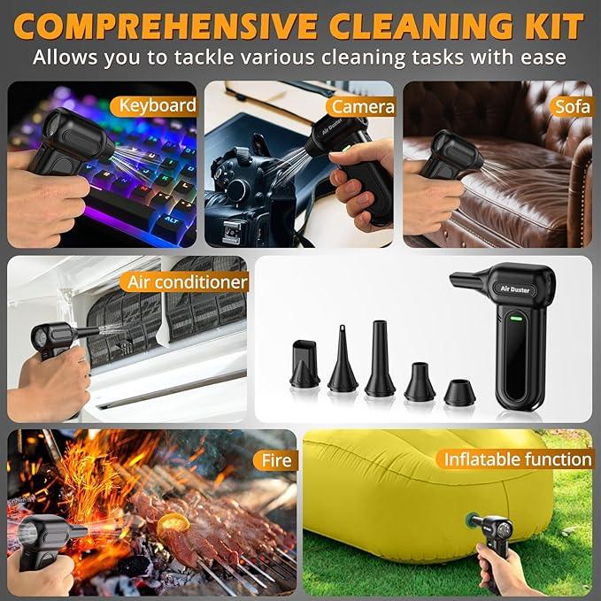 Gardon Compressed Air Duster Cordless - 180000RPM Electric Air Dusters for Cleaning, 4-Gear Handheld Blower, Mini Keyboard Cleaner with LED Light, 8000mAh Rechargeable, Turbo Fan for Car, PC, Black - NeatNest