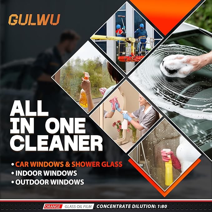 GULWU Car Cleaning Concentrate Kit - 1:80 Power Formula (15 Fl Oz), Removes Grease, Bugs, Grime from Windshields | Includes Microfiber Towels & Brush
