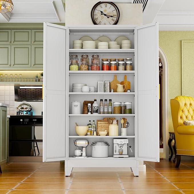 White Metal Storage Cabinet,75" Steel Cabinets for Home Office, Kitchen Pantry Storage Cabinet with Doors and 5 Adjustable Shelves, Tool Cabinets, for Office, Home, Garage, School, 36" W - NeatNest