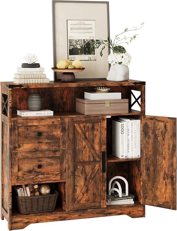 Fameill Farmhouse Storage Cabinet with Drawers and Open Storage,Freestanding Kitchen Pantry with 2 Barn Doors, Floor Cabinet with Adjustable Shelf for Living Room,Brown - NeatNest