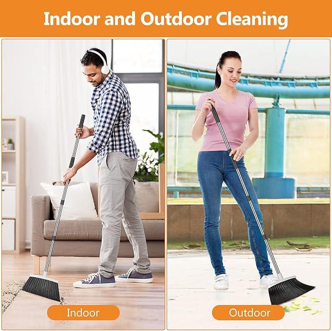 Broom and Dustpan Set, Heavy Duty Dust Pan with Long Handle 51 Inch Broom with Dustpan Combo Set Upright Self-Cleaning Dust Pan Home Kitchen Lobby Indoor Outdoor Sweeping Cleaning Tool - Gray - NeatNest