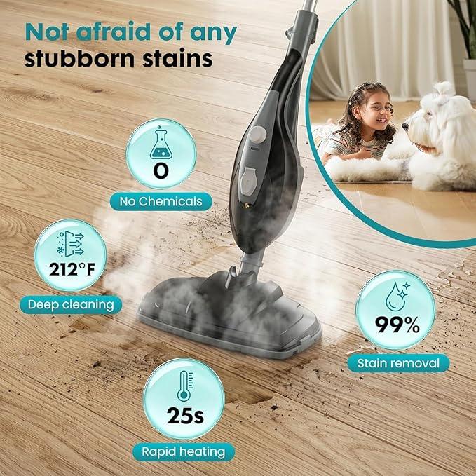 Steam Mop, Handheld Steam Cleaner with 2 Washable Pads, Floor Steamer for Hardwood and Tile, Multipurpose Floor Cleaner Machine for Carpets, Furniture, Windows, Black and Grey - NeatNest