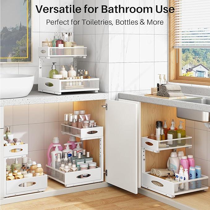 Under Sink Organizer, 2 Tier Pull Out Under Cabinet Organizer Shelf with Pad for Framed Cabinets, Metal Slide Out Under Sink Storage, Mesh Sliding Drawers for Kitchen Bathroom Laundry(White, 1 Pack) - NeatNest