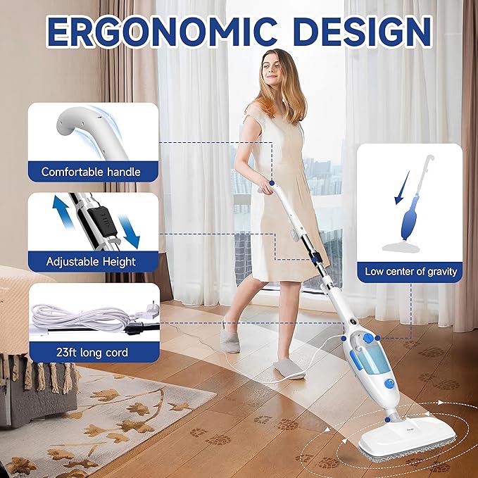 Steam Mop for Floor Cleaning, 10in1 Multi Purpose Handheld Steamer Cleaner Detachable for Vinyl, Laminate, Carpet, Tile Hard Floor Grout w/ 2 pad, 23ft Cord, 15oz Tank, Adjustable Steam & Height - NeatNest