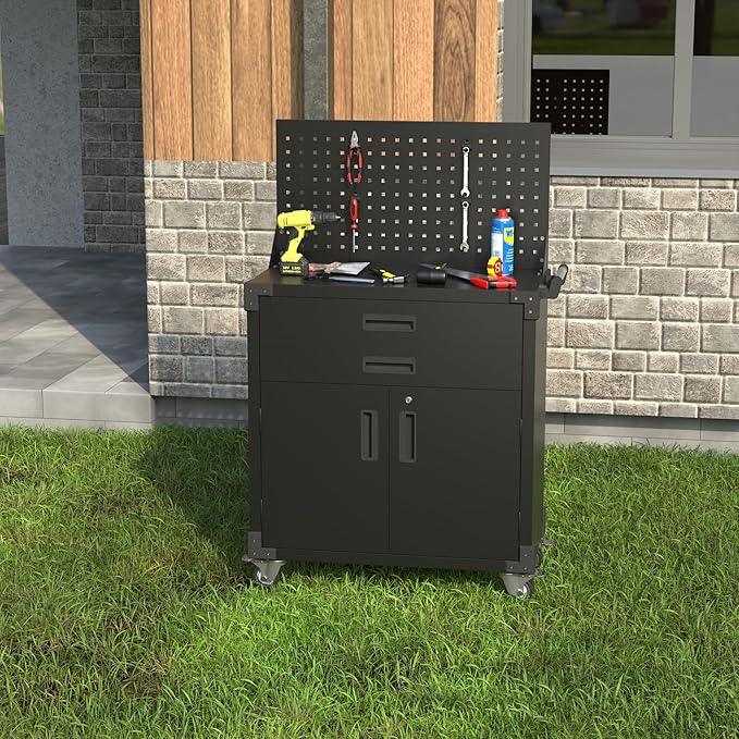 SUXXAN Black Tool Cart with Pegboard and 4 Hooks,Garage Storage Cabinet on Wheels with 2 Drawer,Industrial Service Utility Tool Cart for Mechanics, Garage, Workshop - NeatNest