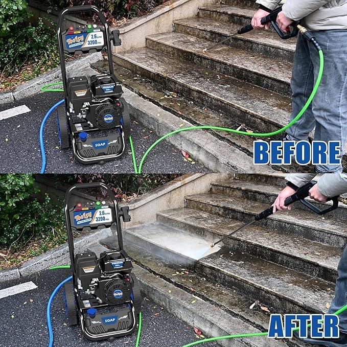 TOOLCY Gas Powered Pressure Washer, 3200 PSI and 2.6 Max GPM, 35FT Extended Power Hose, Kink-Less Swivel Gun with & 5 Nozzles, Reinforced Pump, for Cars/Fences/Driveways/Homes/Patios - NeatNest
