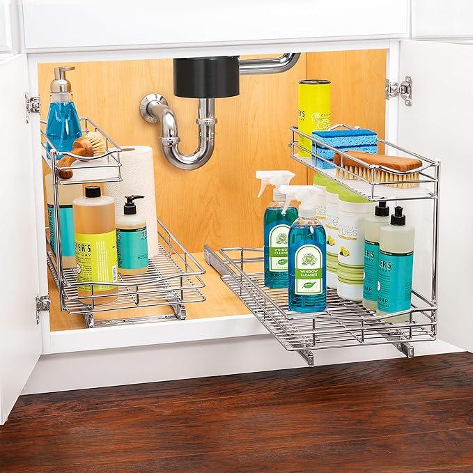 LYNK PROFESSIONAL® Pull Out Under Sink Kitchen Cabinet Organizer - 11.5 in. x 18 inch deep Drawer - Sliding Shelf Organizer for Cabinets and Undersink Storage Shelves - Lifetime Ltd. Warranty – Chrome - NeatNest