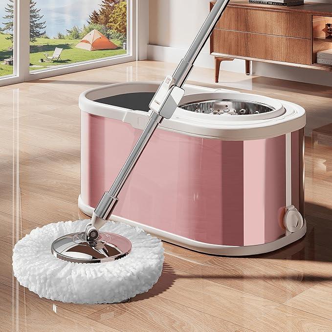 Spin Mop and Bucket with Wringer Set for Home,360° Mop and Bucket with Separate Clean and Dirty Water,Wet Dust Mop for Floor Cleaning with Extra Refills (Pink) - NeatNest