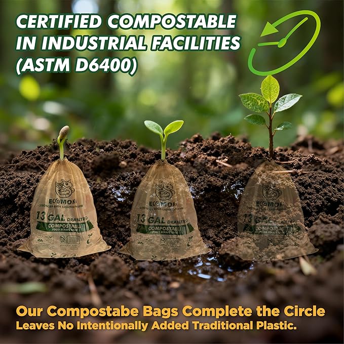 EcoMokii Compostable Trash Bags with Drawstring 13 Gallon, 60 Count, 49.2 Liter, 1.2 Mil Heavy Duty Extra Thick for Tall Kitchen Garbage Can, Compost Food Waste Bag, BPI (ASTM D6400)