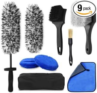 Wuqazu 9PCS Pro Wheel & Tire Cleaning Kit - Flat Replaceable-Head Brush, Pocket Dual-Material Pads, Dual-Bristle Brushes, Boar Hair Detail Brush & Towel | Scratch-Free for All Vehicles - NeatNest