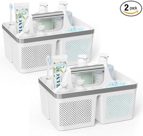 2Pack Shower Caddy Dorm: Portable Bathroom Caddy Organizer with Handle and Holes, Plastic Cleaning Caddy, Hard Shower Basket Storage Tote for Toiletry, College Dorm Room Essentials White/Silver - NeatNest