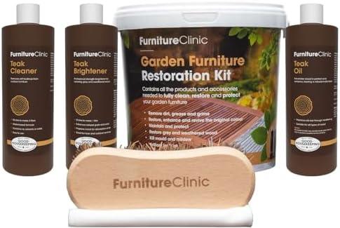 Furniture Clinic Garden Furniture Restoration Kit | For Outdoor Wood Patio Furniture Such as Teak & Other Wood Types | Clean, Remove, Brighten, Nourish, and Protect Treated and Untreated Surfaces - NeatNest