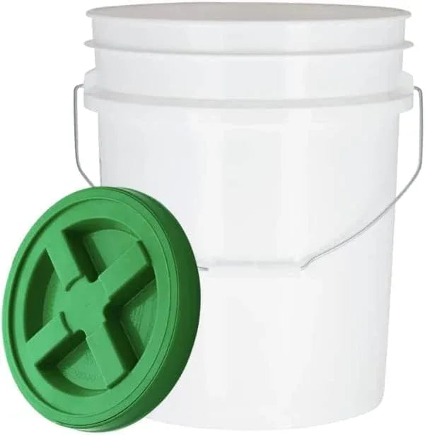 House Naturals 5 Gallon Made in USA Pail Food Grade Plastic Bucket with Screw on Air Tight Double Gasket Lid, (Pack of 3) (White Buckets -Green Lids) - NeatNest