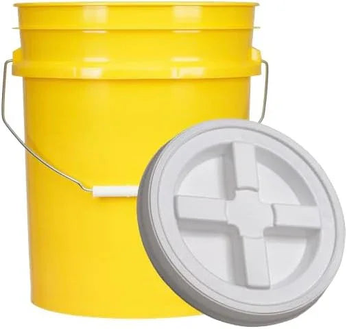 House Naturals 5 Gallon Plastic Yellow Food Grade Made in USA Bucket Pail with Double Gasket Screw on Lid (Pack of 3) (Yellow and White lids) - NeatNest