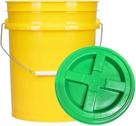 House Naturals 5 Gallon Plastic Yellow Food Grade BPA Free Made in USA Bucket Pail with Air Tight Double Gasket Screw on Lid(Pack of 3) (Yellow and Green lids) - NeatNest