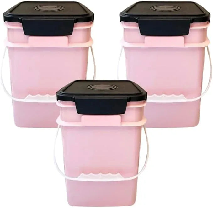 House Naturals 4 Gallon Square Food Grade Bucket Pail with Plastic Handles and Lid (Pack of 3) Made in USA containers (Pink - Black lids) - NeatNest