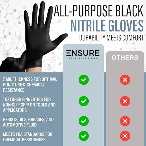 Ensure Black Nitrile Gloves Low Dermatitis 7 Mil, Heavy Duty, Puncture & Chemical Resistant, Disposable, Latex-Free, for Automotive, Industrial, Mechanic, Food Service, Exam Gloves (1000, XX-Large) - NeatNest