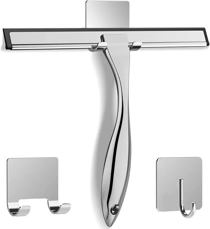 All-Purpose Stainless Steel Shower Squeegee for Shower Glass Door with 2 Adhesive Hooks, Bathroom Cleaner Tool Household Window Mirror Squeegee for Glass Doors, Cleaning Tile Wall, Car, 14 Inch Silver - NeatNest