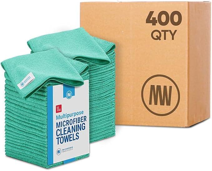 Bulk 12” X 12” All Purpose Microfiber Towels Wholesale - Case Quantity (400 Count) | No Fraying | High Density Microfiber | Zero Chemical Cleaner | Long-Lasting (Green) - NeatNest